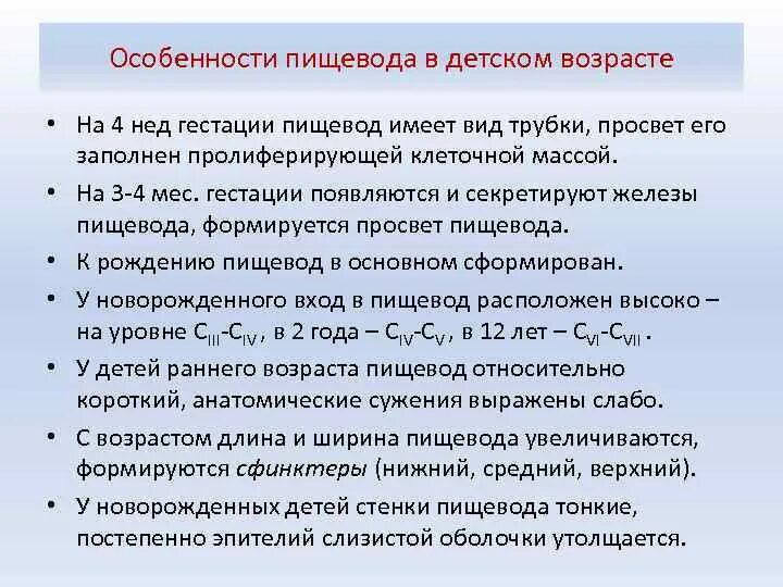 Возрастные особенности пищевода. Возрастные особенности пищевода кратко. Анатомо-физиологические особенности пищевода у детей. Особенности строения пищевода у детей раннего возраста.