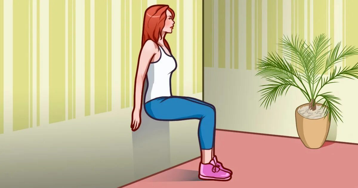 Wall sit exercise. Упражнение 11. Knee Wall. Leg illustration.