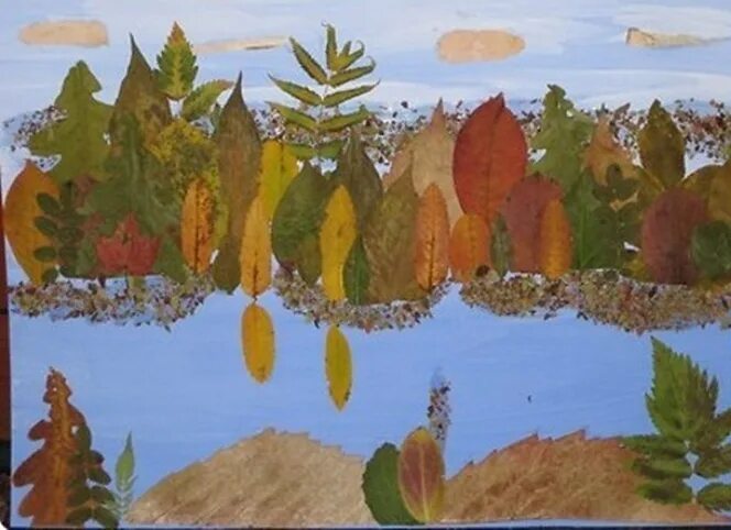 Поделки из осенних листьев. Аппликация из листьев. Композиция из засушенных листьев. Панно из листьев. Картина из листьев.