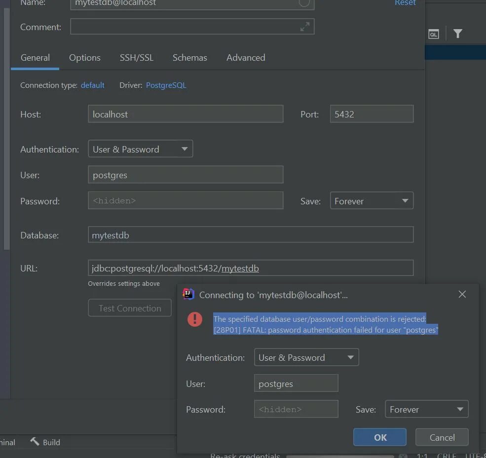 Connection to Server at localhost 1 Port 5432 failed POSTGRESQL. Postgresql user password