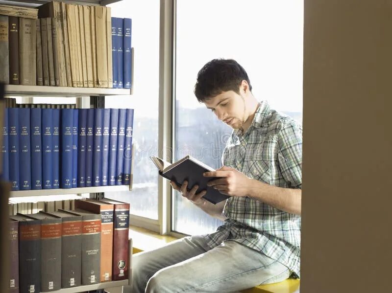 Portfolio make a student library. Студенческие чтения. ман библиотека. библиотека студент книги стоковое фото. person in a library.