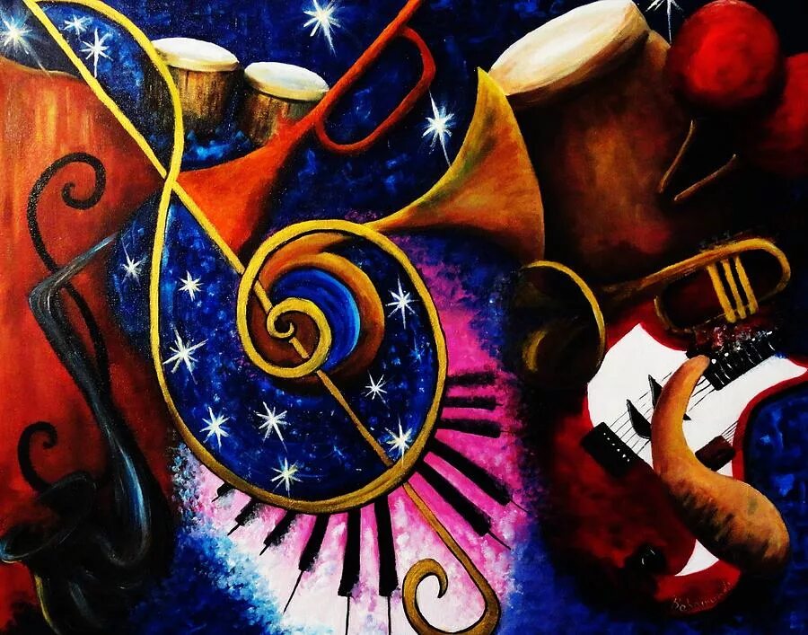 абстрактная композиция. композиция на тему искусство. декоративный натюрморт. картины с музыкальными инструментами. гармоничная композиция.