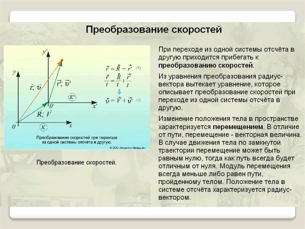 Преобразование скоростей. Переход в другую систему отсчета. Преобразование координат переход из одной системы координат в другую. Преобразование координат скорости и ускорения. Тело движется относительно системы отсчета в