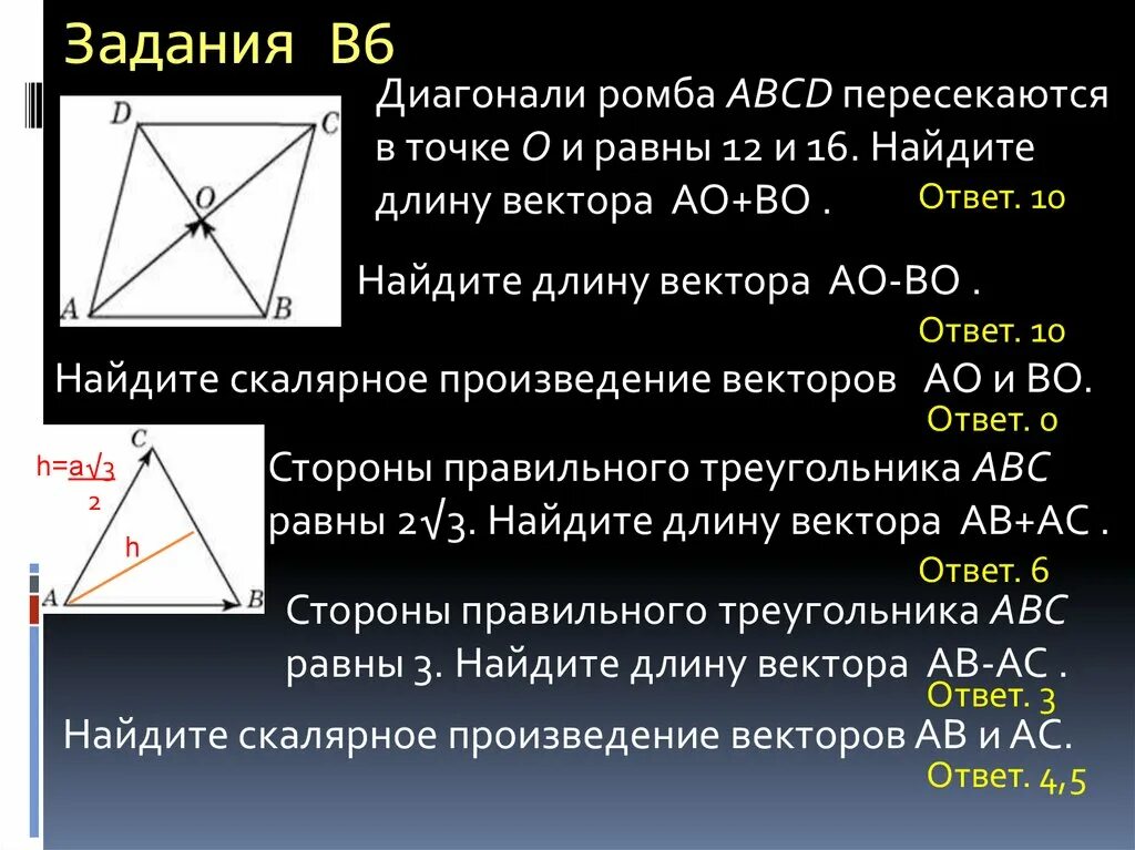 Скалярное произведение векторов диагонали ромба