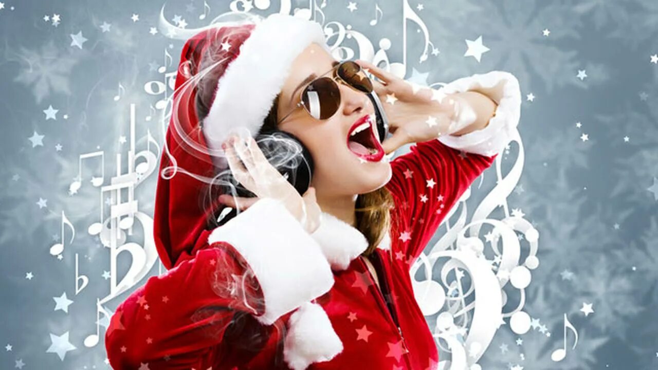 Включи песню нового года. Рождественское радио. Красивый арт девушка Санта. Русское радио новогодний.