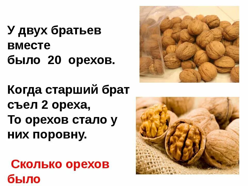 Задача про орехи 2 класс. У двух братьев машинок было поровну старший брат. Павлик разделил 24 ореха поровну между собой. Оля задачи. Решение задачи с орехами.