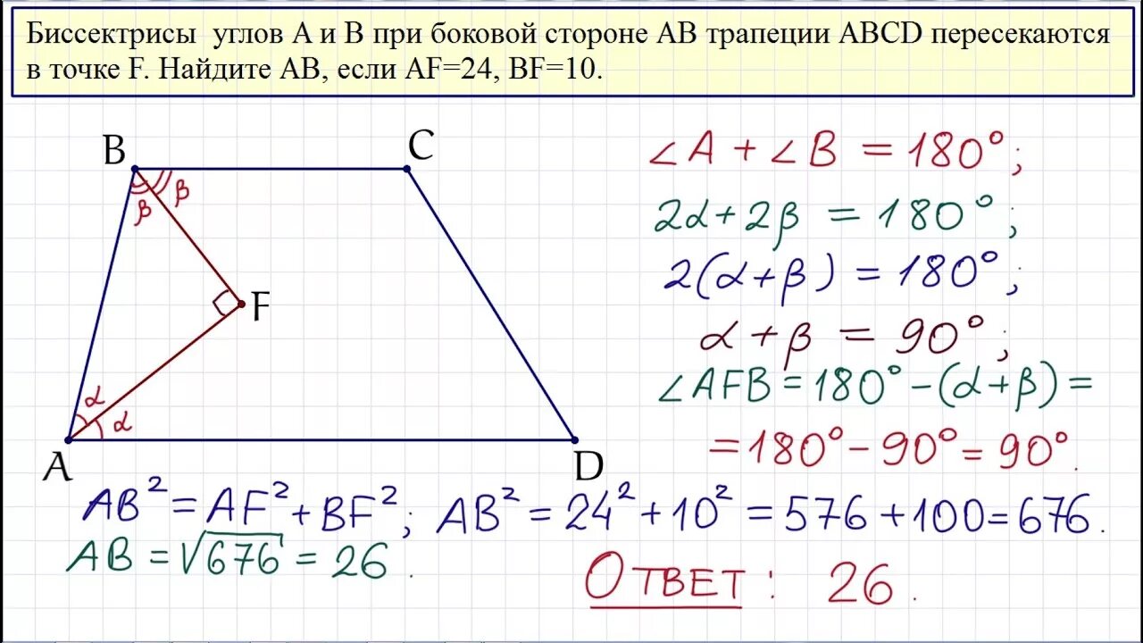 Биссектрисы углов a и b при боковой стороне. Задачи на пересекающиеся биссектрисы в трапеции. Задания с трапецией ОГЭ. Биссектрисы углов при боковой стороне трапеции. Найдите а если б 24 с 25