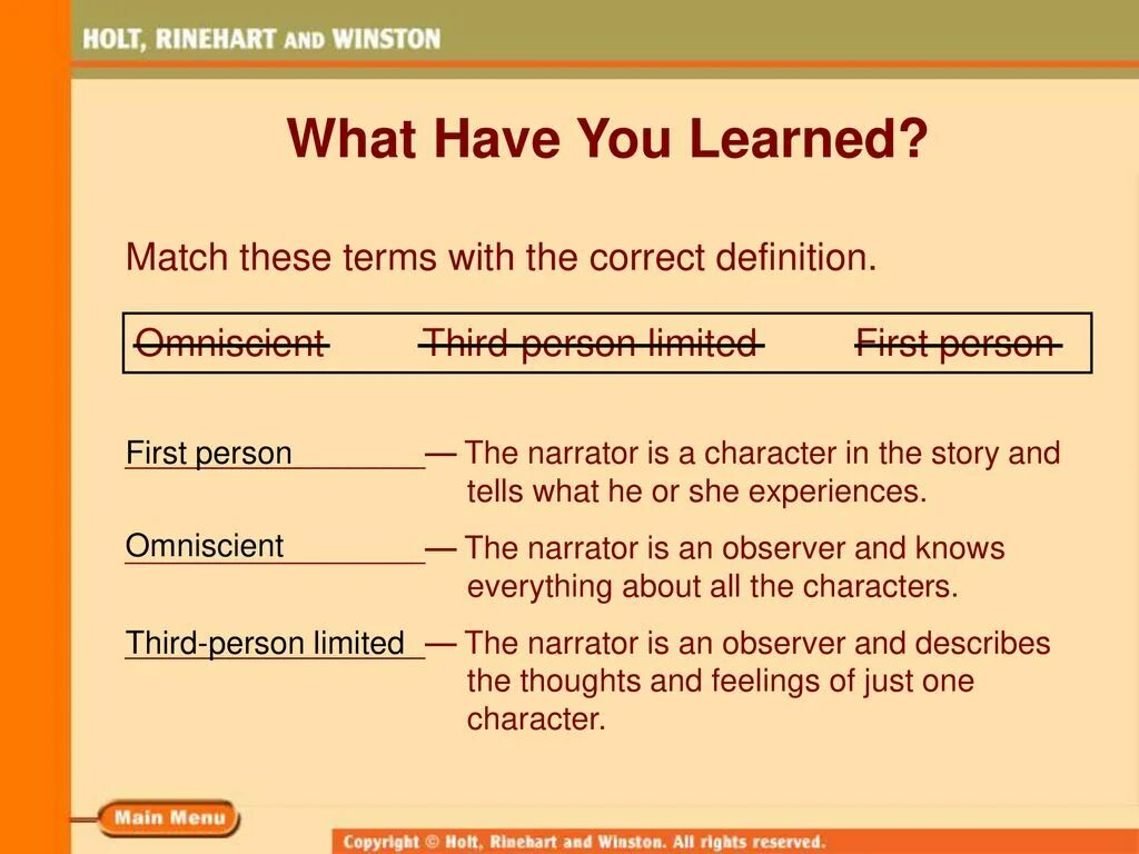 Correct definition. Third person Omniscient. Omniscient Narrator. Limited Omniscient narration. Objective and Omniscient Narrator.