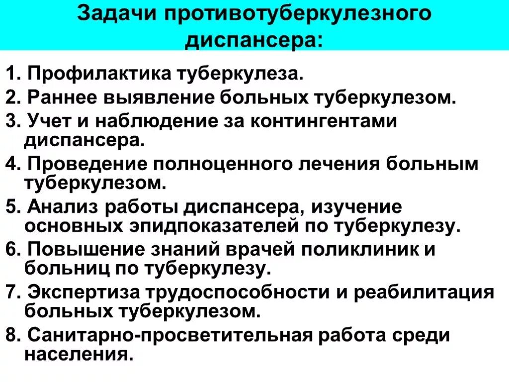 Рекомендации по лечению туберкулеза. План выявления и профилактики туберкулеза. Задачи противотуберкулезного диспансера. Структура и задачи противотуберкулезного диспансера. Задачи по выявлению и профилактике туберкулеза.