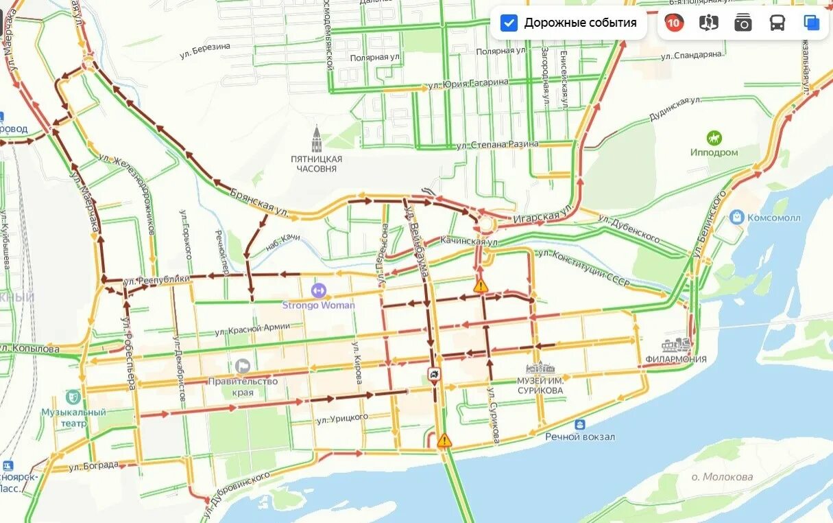 Закрытие дорог красноярск 2024. Пробки 10 баллов Красноярск. Красноярск пробки зимой. Схема движения транспорта Красноярск по улице Марковского.