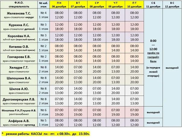 Расписание врачей железногорск курская область. Расписание работы стоматолога.