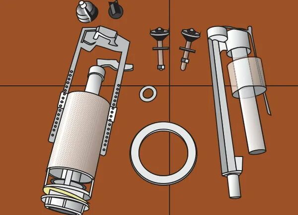 Манжета на механизм слива воды в унитазе. Направляющие бочка унитаза. Схема сборки сливного механизма в бачке унитаза. Внутренняя часть унитаза. Ремонт сливного клапана сливного бачка унитаза сантехсервис