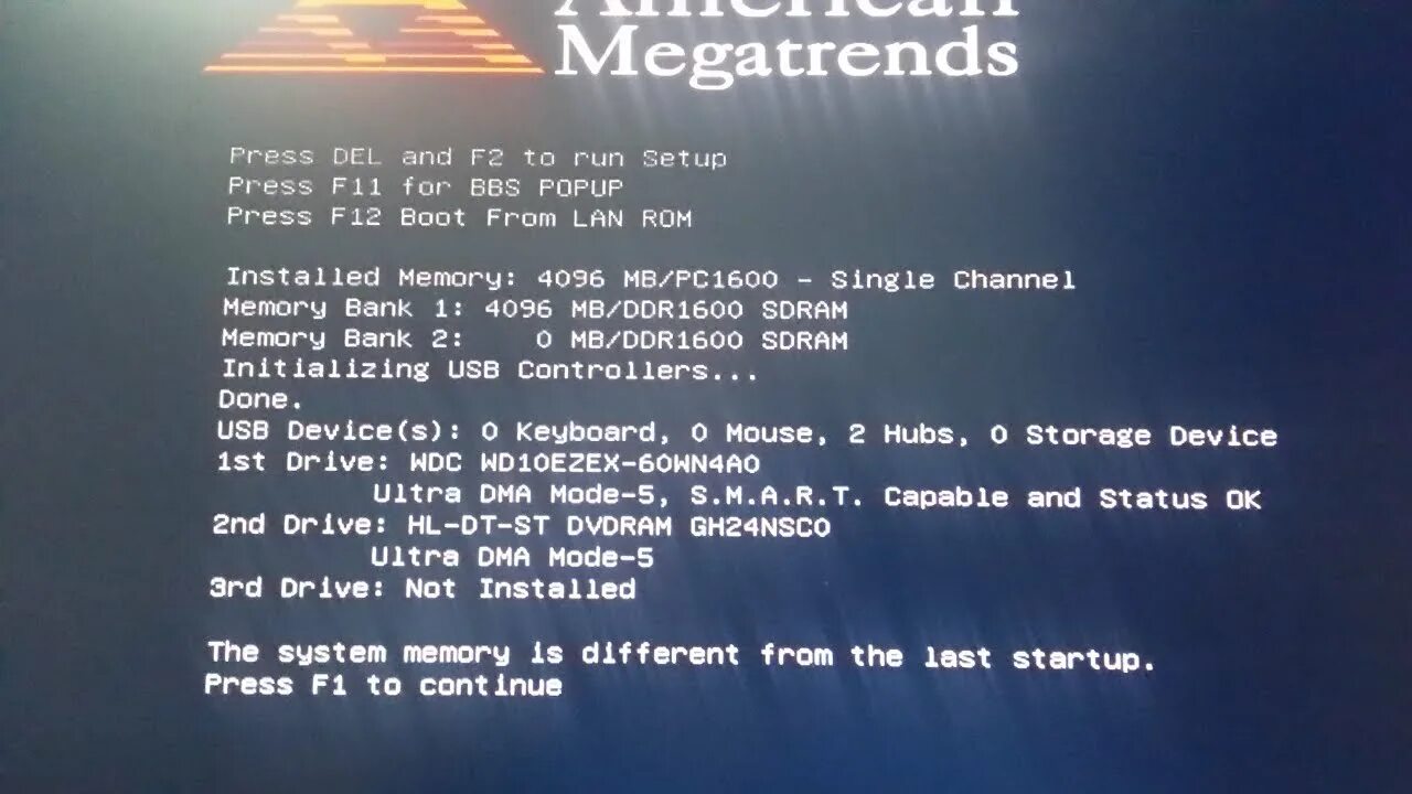 Not enough system memory. Last Startup Press f1 BIOS. The Storage device is different from the last Startup перевод. Memory Size decreased.