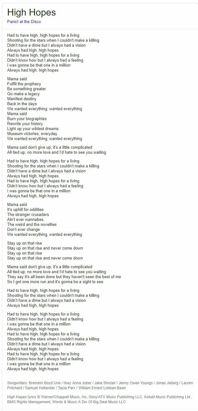 Higher текст. High hopes текст. High hopes текст Panic. High hopes перевод. Panic at the Disco High hopes.