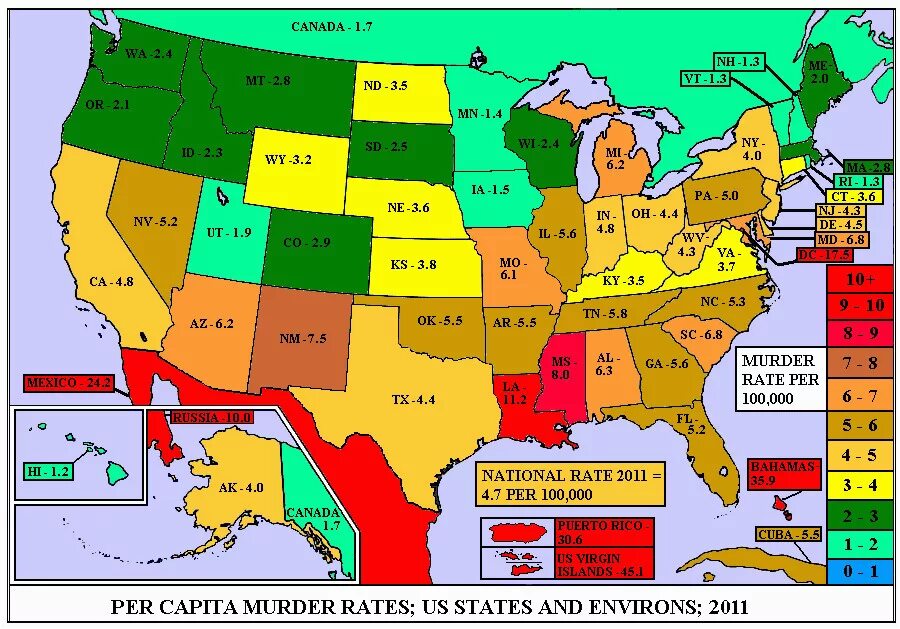 Murder rate. Crime Map USA. USA Crime by States.