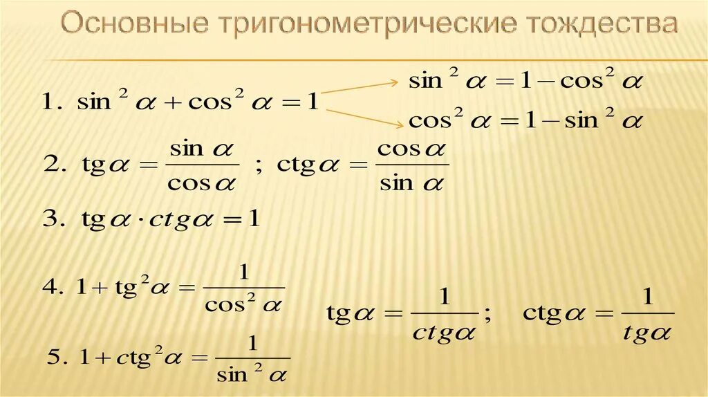 Выберите утверждения являющиеся основным тригонометрическим тождеством. Формула основного тригонометрического тождества. Основные тригонометрические тождества 10 класс. Основные тригонометрические тождества 8 класс. Формулы основных тригонометрических тождеств.