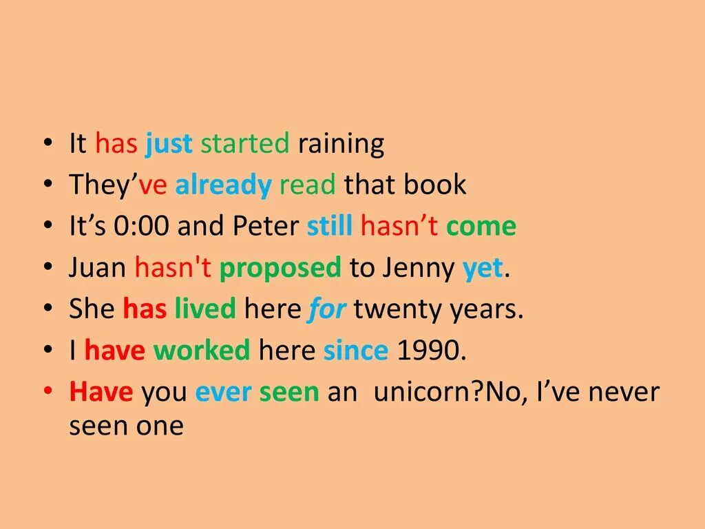 Сигналы present perfect. Start в present perfect. Still в презент Перфект. Just употребление в английском. Как переводится already