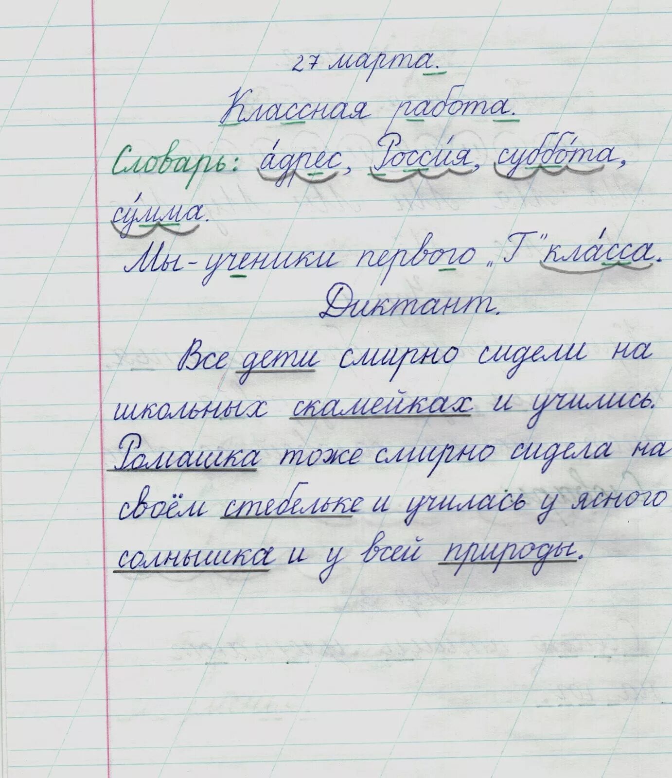 Тетрадь для письменных работ. Оформление работы в широкую линейку. Пример домашней работы по русскому 1 класс. Написание диктанта. Витя написал сочинение мой городок