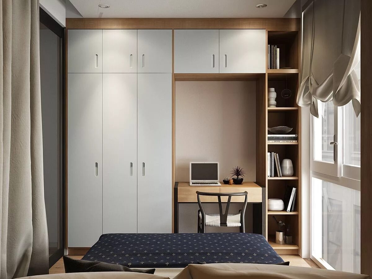 Cama com várias almofadas, parede de madeira e mini office. Harmonia Quarto pare