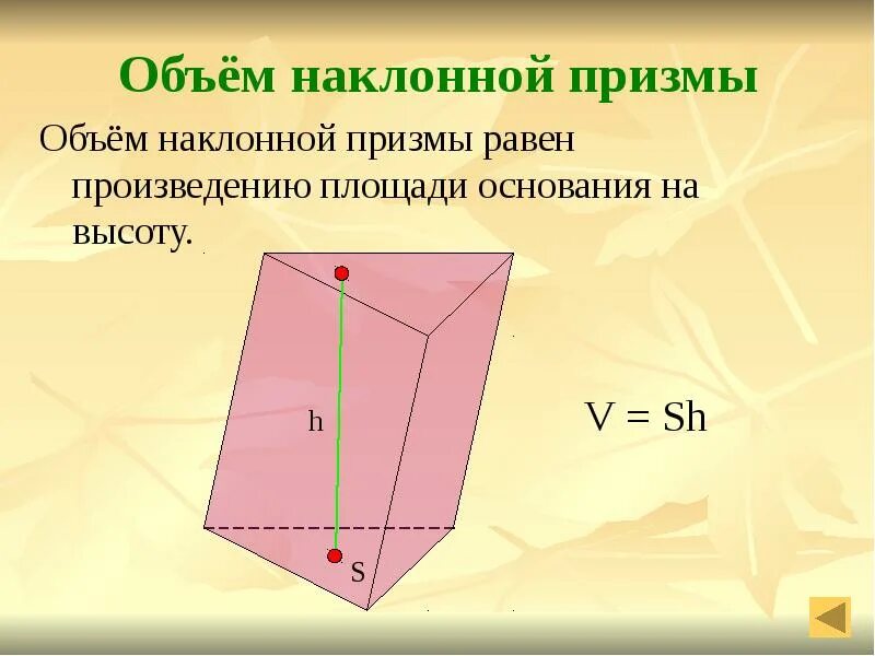 Наклонная Призма. Объем Призмы. Наклонная Призма объем. Объем наклонной Призмы равен произведению.