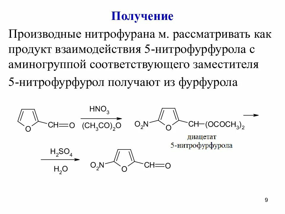 Общая химическая структура производных 5-нитрофурана. Общая схема получения препаратов производных 5-нитрофурана. Нитрование фурфурола. Получение 5 нитрофурфурола.