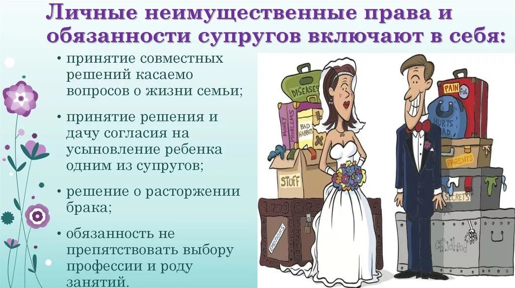 Совместное принятие решений супругами. Личные неимушетсвенныеиправ и обязанности супругов.