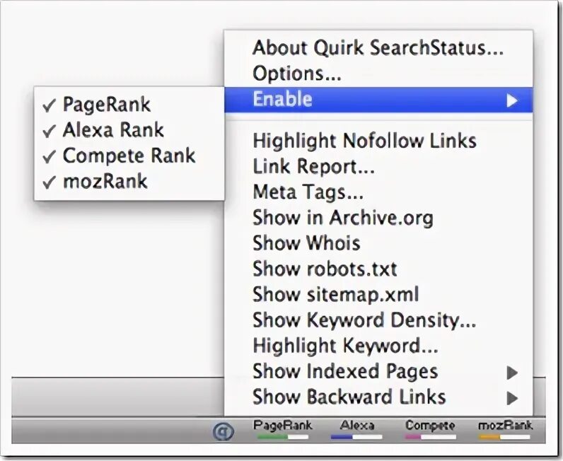 SEO status PAGERANK Alexa toolbar. Link report