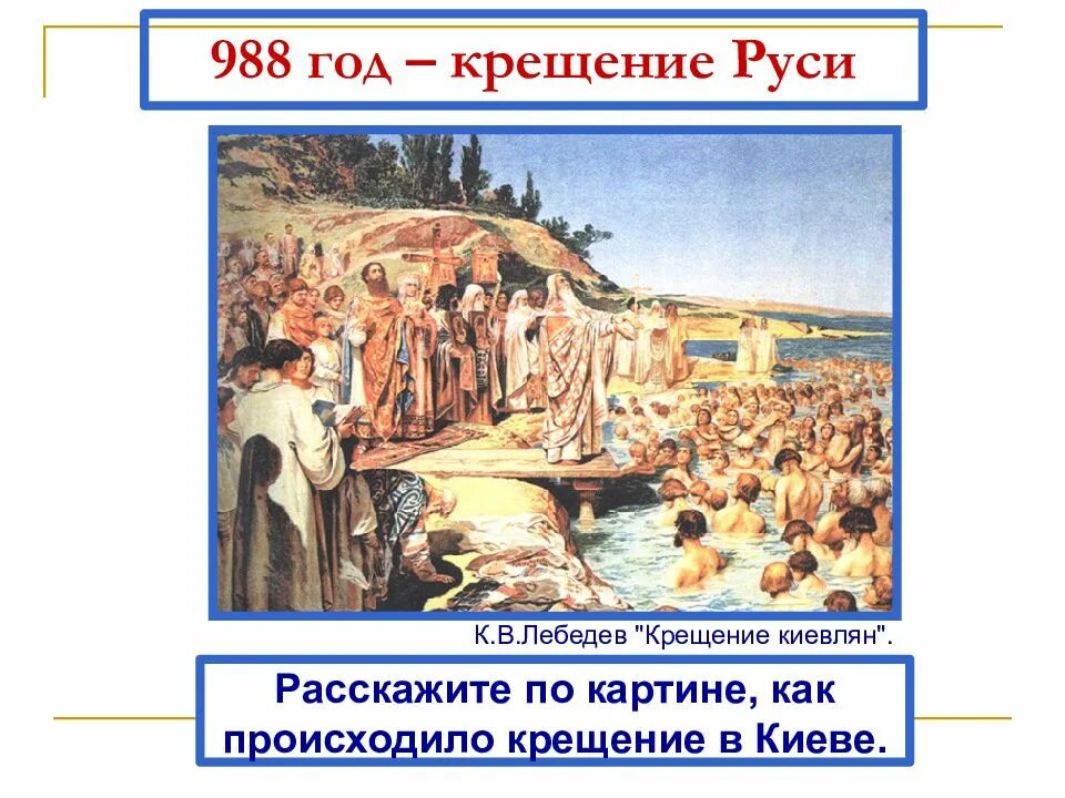 Правление князя Владимира крещение Руси. Крещение Руси Лебедев 988. Год крещения Руси 988 картина Лебедева. Лебедев крещение киевлян картина. Источники истории до крещения руси