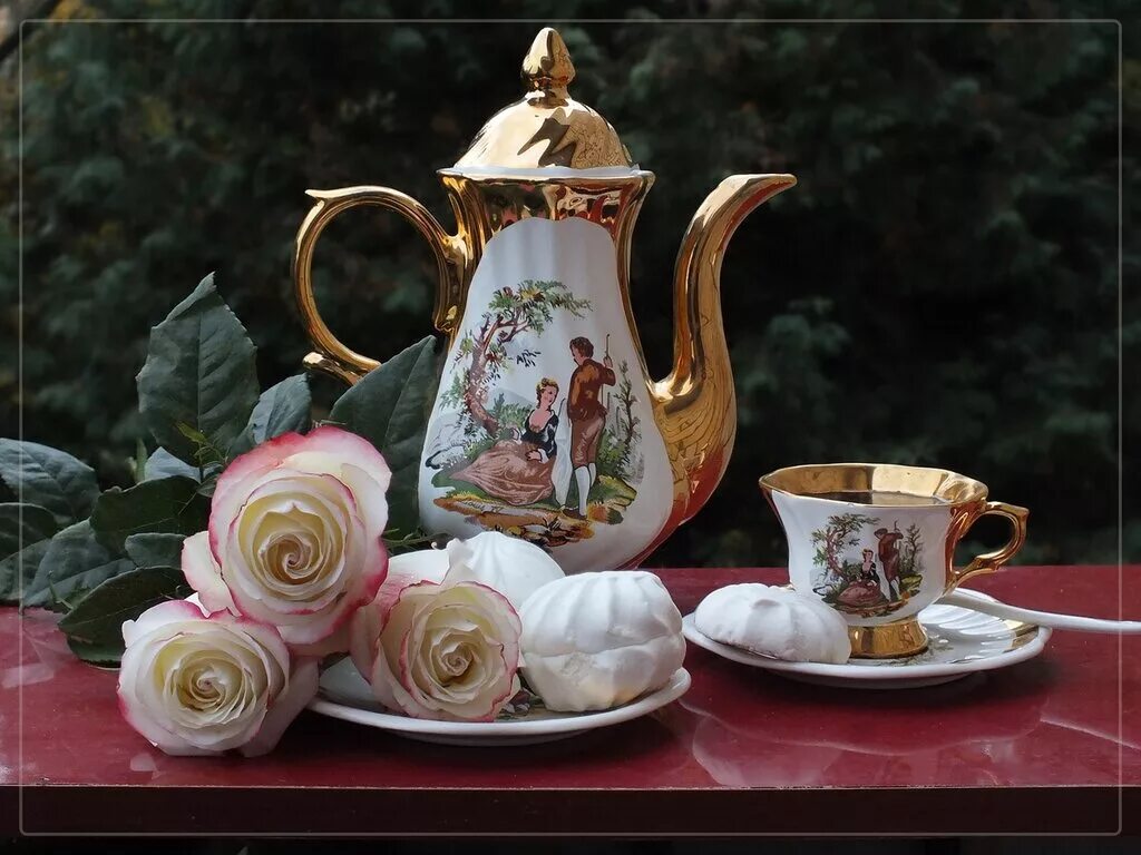 чайный сервиз с добрым утром. открытки с добрым чаепитием. открытки с добрым чаепитием. чай с тортом. чаепитие.