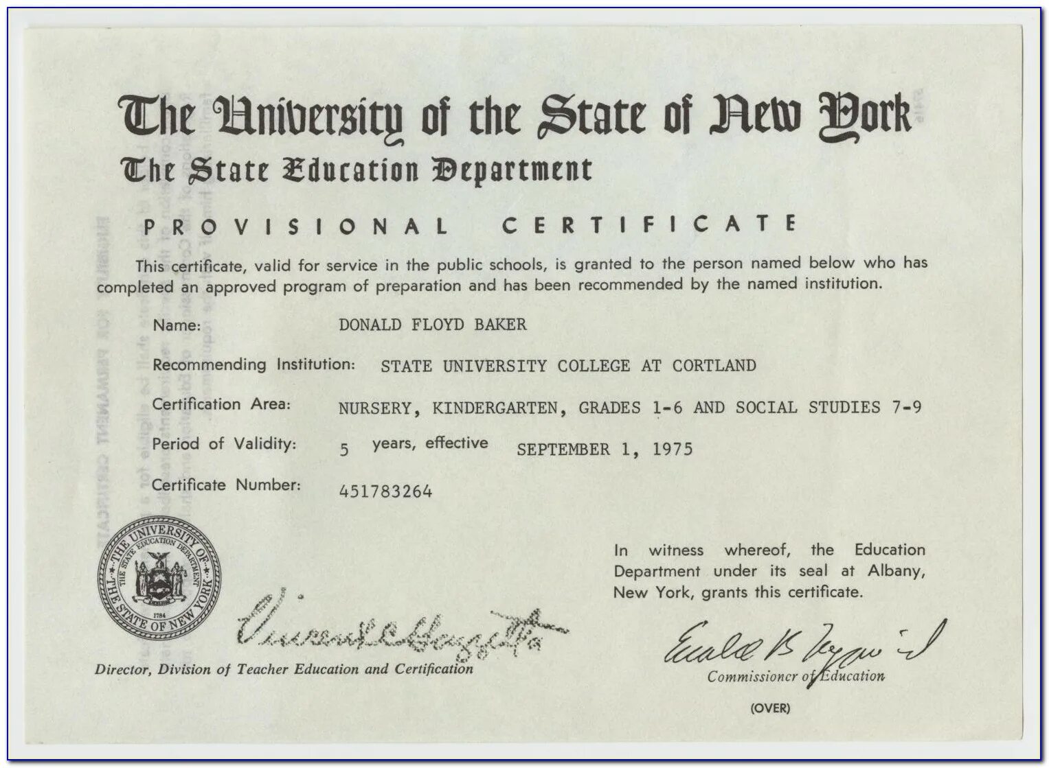 New York State Education Department. Provisional Certificate. New-York City Certificate. Certificate of Education. Sec certificate