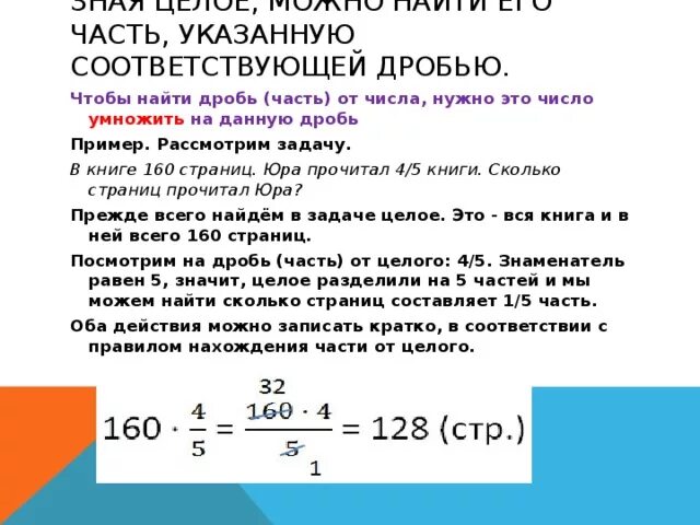 Нахождение части целого примеры. Как найти целое число по его дроби. Нахождение дроби от числа нахождение целого по его части. Нахождение части (дроби) от целого(числа)правило. Как найти части целого в дробях.