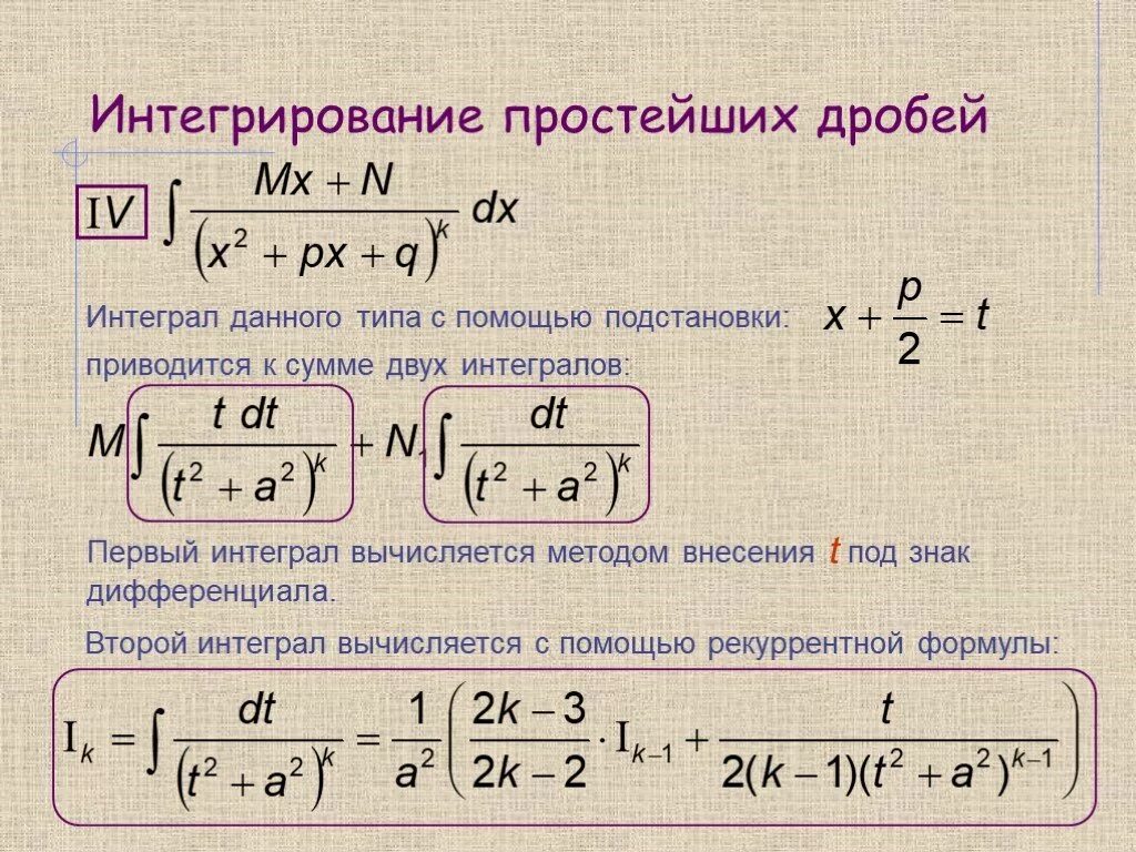 Рекуррентная формула интегрирования. Интеграл дробно рациональной функции. Простейшая рациональная дробь 2 типа. Интеграл от простейшей дроби. Рекуррентный интеграл