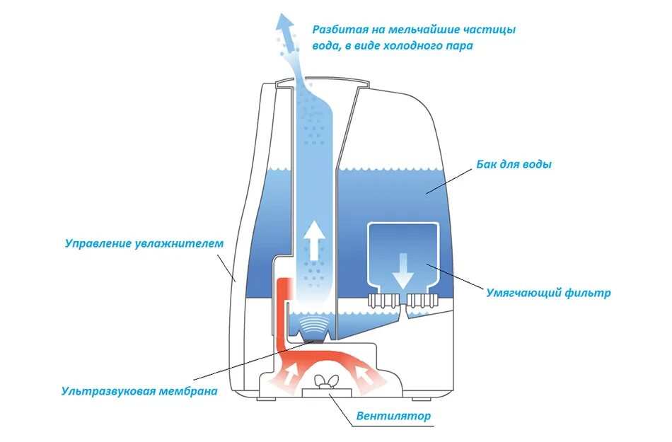 Принцип действия ультразвукового увлажнителя воздуха. Конструкция ультразвукового увлажнителя воздуха.