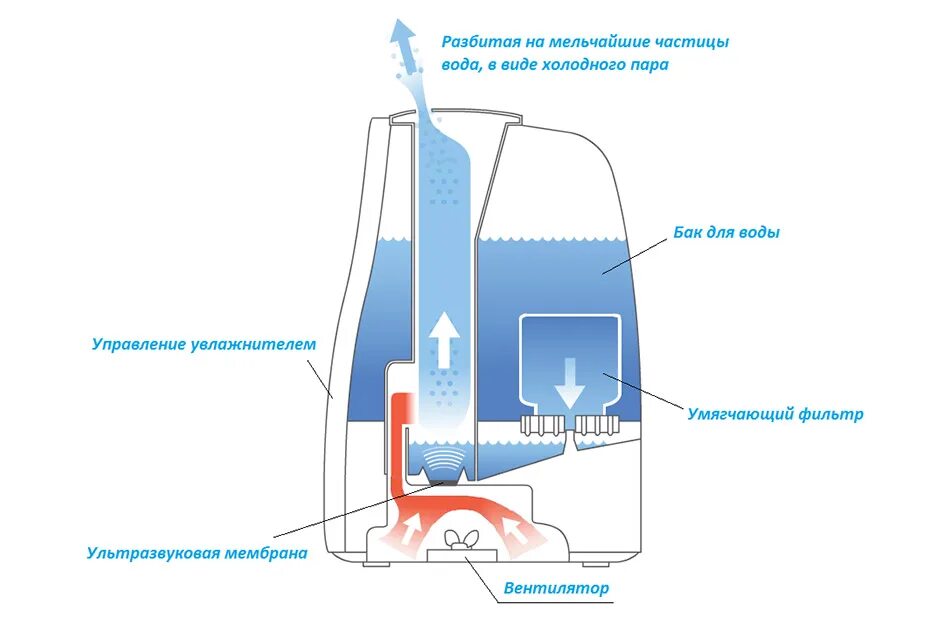Описание увлажнителя воздуха. Принцип действия ультразвукового увлажнителя воздуха. Конструкция ультразвукового увлажнителя воздуха.