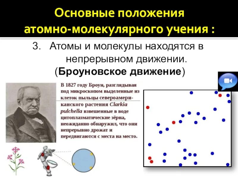 Кто открыл непрерывное беспорядочное движение частиц. Атомы находятся в непрерывном движении. Молекулы находятся в непрерывном движении. Основные положения атомно-молекулярного.