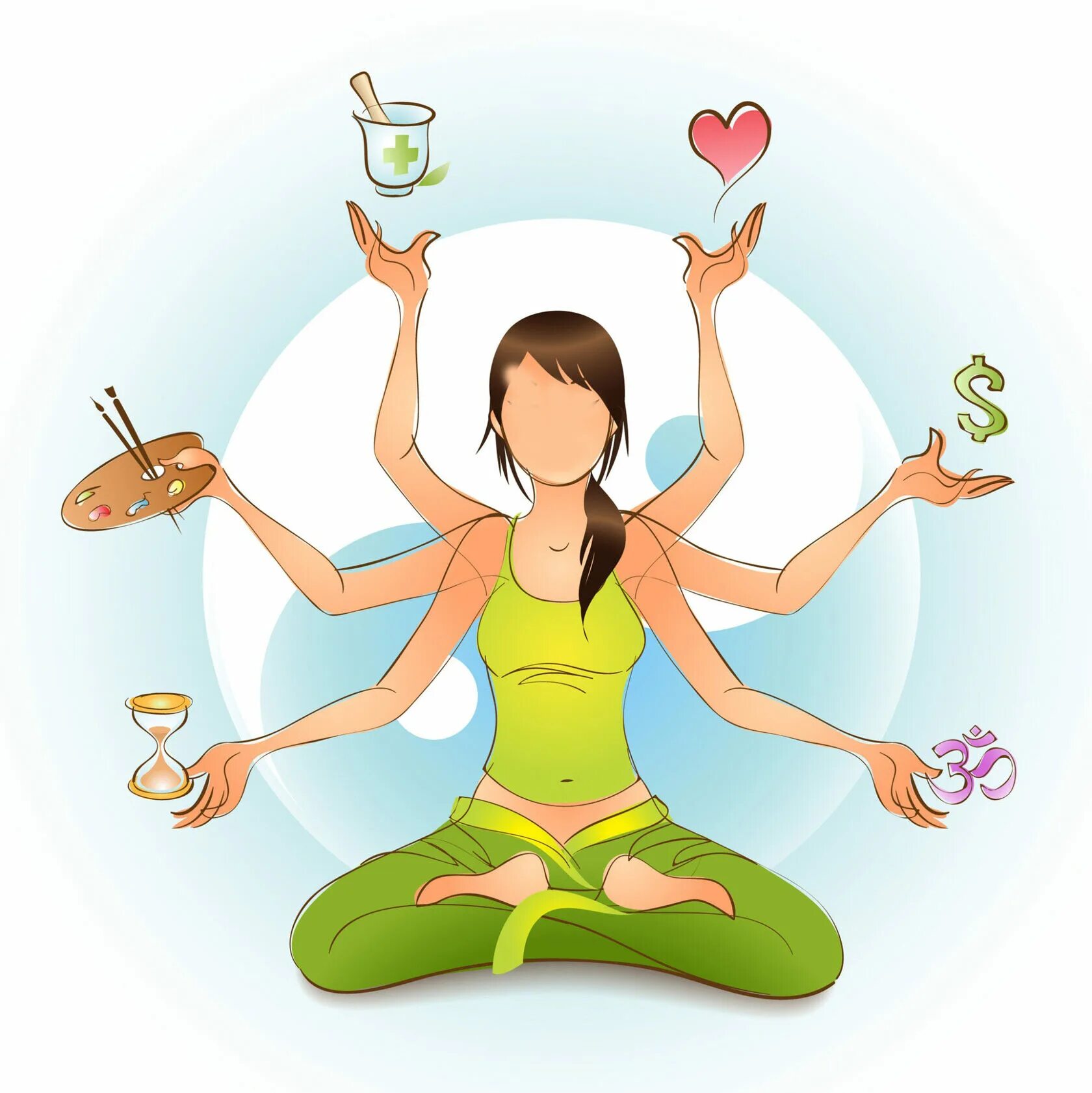 Музыка здоровья и энергии. Йога иллюстрации. Эмоциональное спокойствие. Многорукая женщина. Здоровый образ жизни йога.