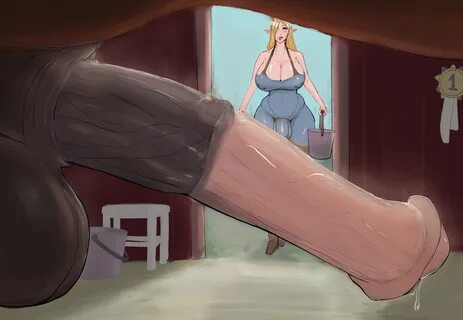 1futa, blonde hair, breasts, bucket, bulge, cleavage, farm, futanari, horse, horsecock, hourg...