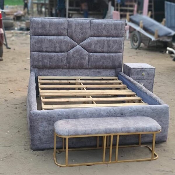 Double bed frame with side drawers and foot bench