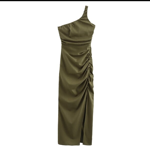 Green Color front pleated and slit summer long dress