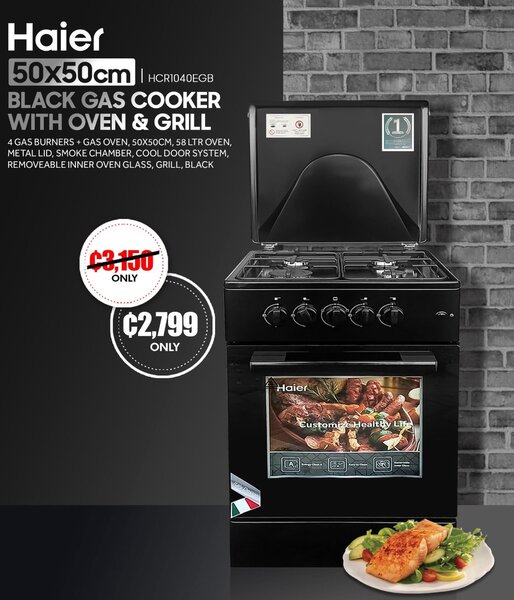 HAIER [50x50cm HCR1040EGB BLACK GAS COOKER WITH OVEN & GRILL