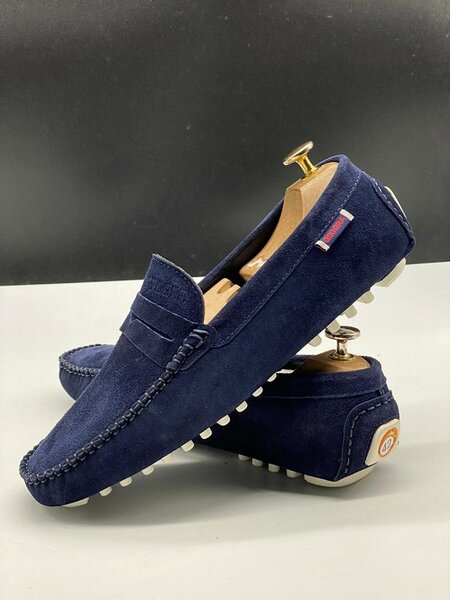 Chaussures, bleu foncé, daim, semelle festonnée