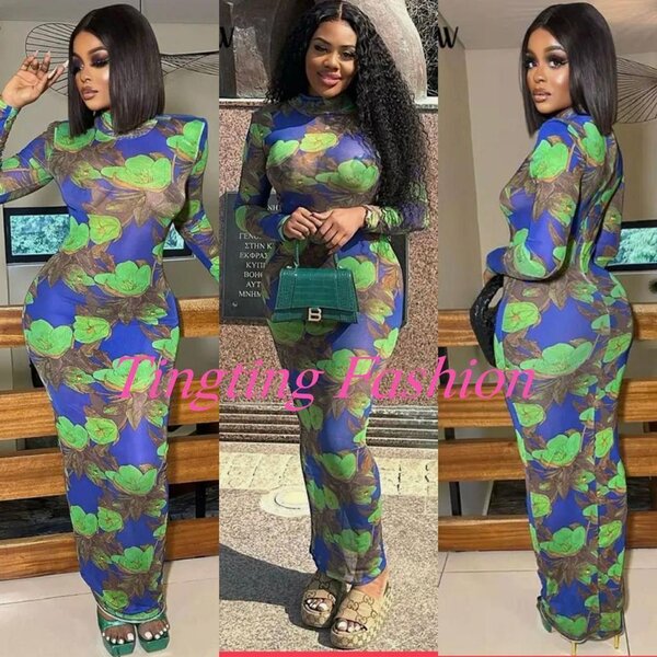 Robe longue florale bleu-vert