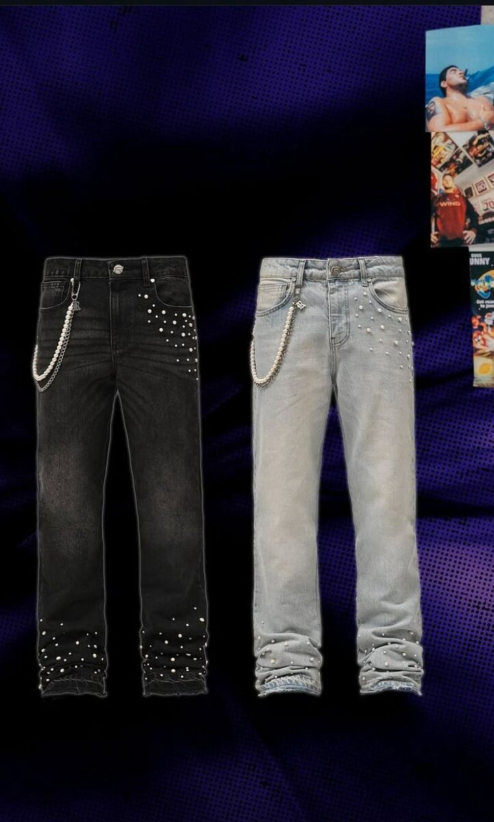 Jeans noirs avec chaînes et perles