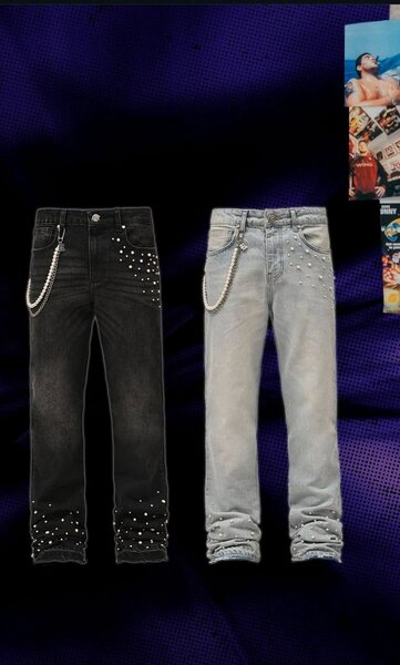 Jeans noirs avec chaînes et perles