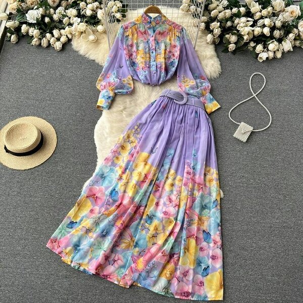 Lantern Sleeve Blouse Shirt And Maxi Skirt