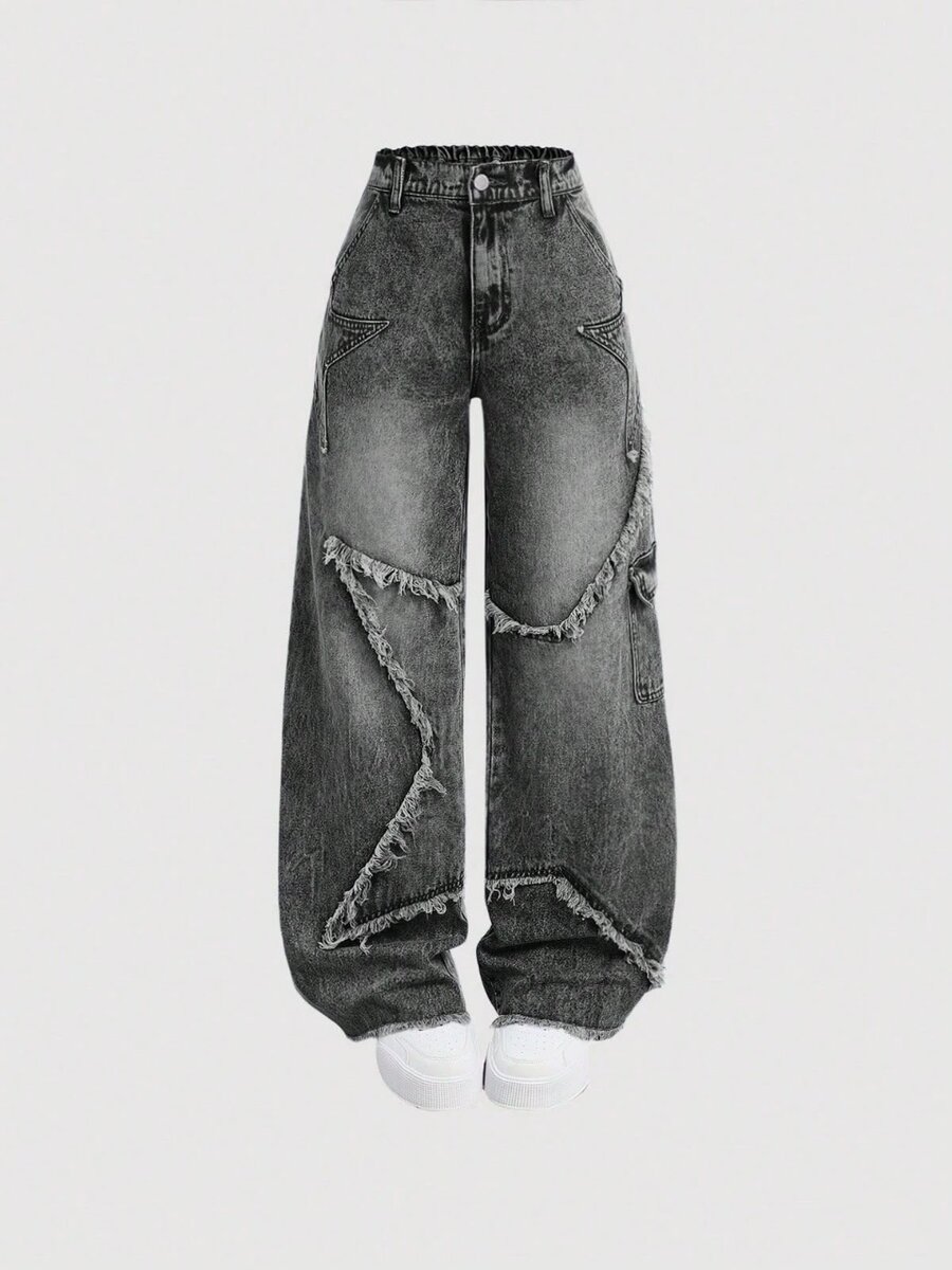 Teen girl y2k frayed star embellished loose blue denim