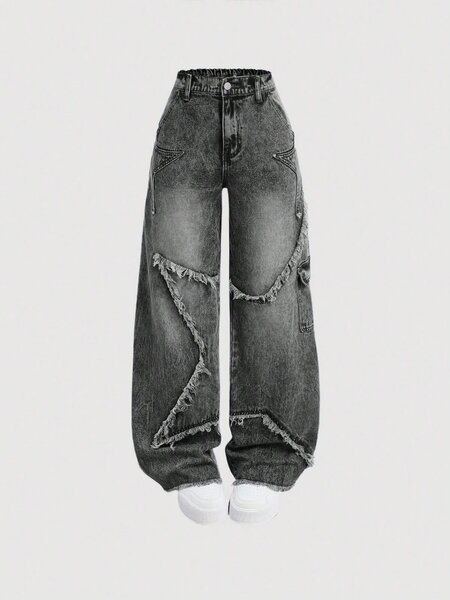Teen girl y2k frayed star embellished loose blue denim