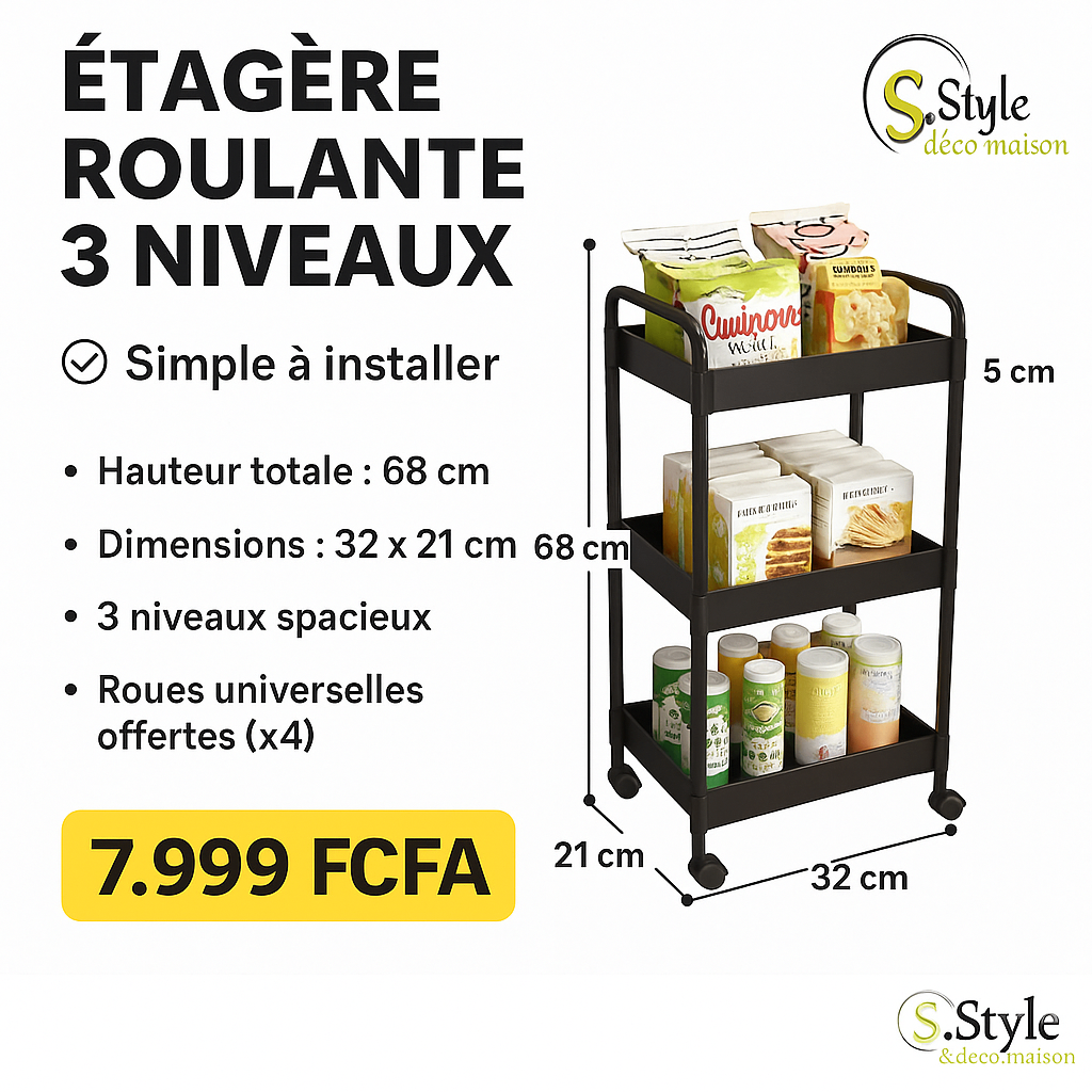 Étagère roulante 3 niveaux