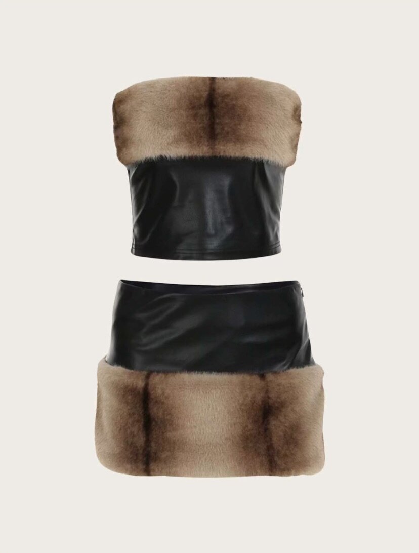 Black skirt and blouse with fur