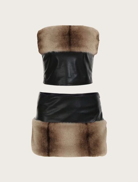 Black skirt and blouse with fur